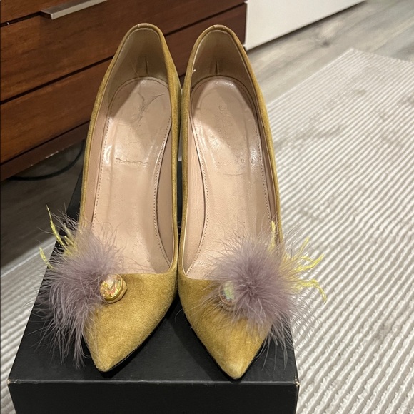 J. Crew Yellow Heels with Feather Detail - Picture 1 of 5